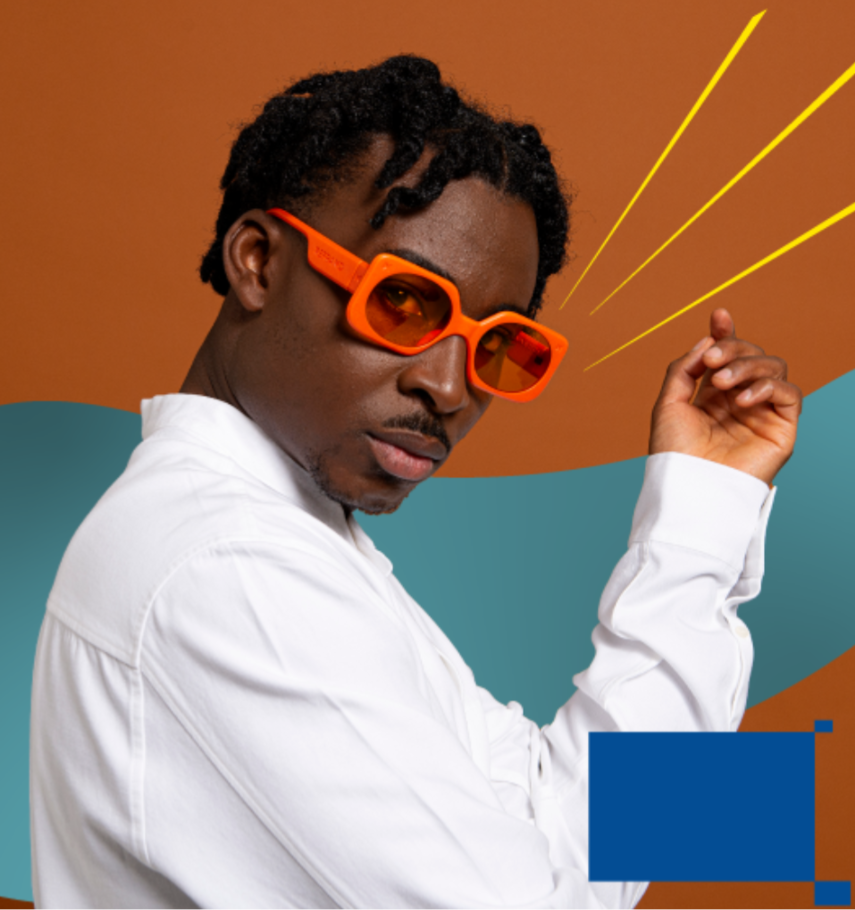 A man of colour wearing orange design glasses displayed against the official WORTH design.