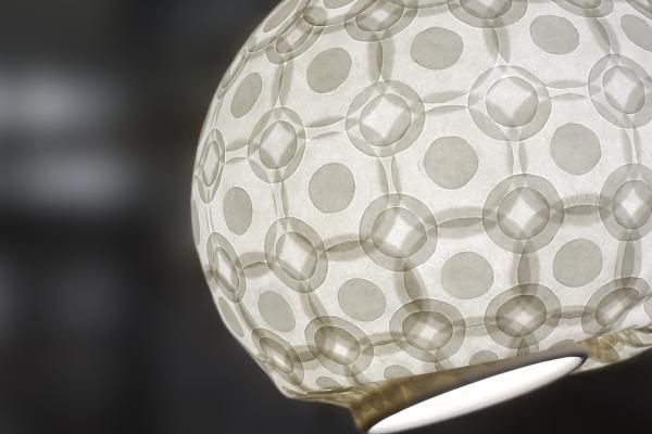 White transparent hanging circular lamp with geometric shapes.